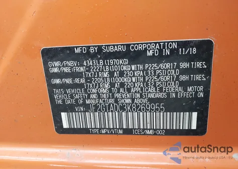 2019 Subaru Crosstrek 2.0I Premium из США, поврежденный, VIN JF2GTADC3K8269955